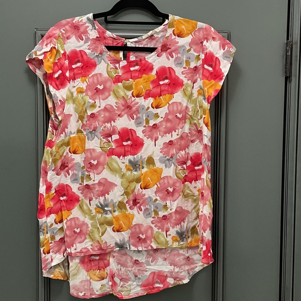 Christian Siriano Floral Watercolor Cap-Sleeve Women's Top - Pink & Yellow